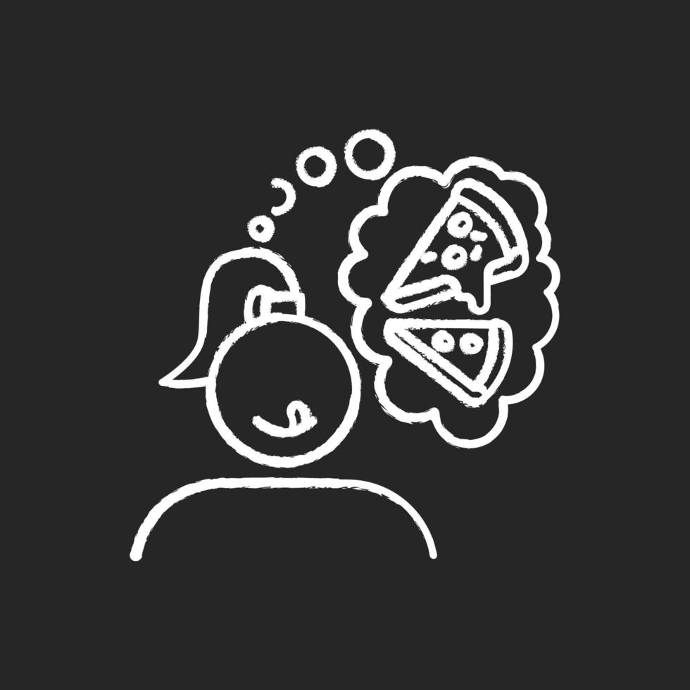 Pizza craving chalk icon. Woman thinking of fast food. Unhealthy treat. Appetite for italian cuisine. Margherita and pepperoni. Thought of junk food. Isolated vector chalkboard illustration