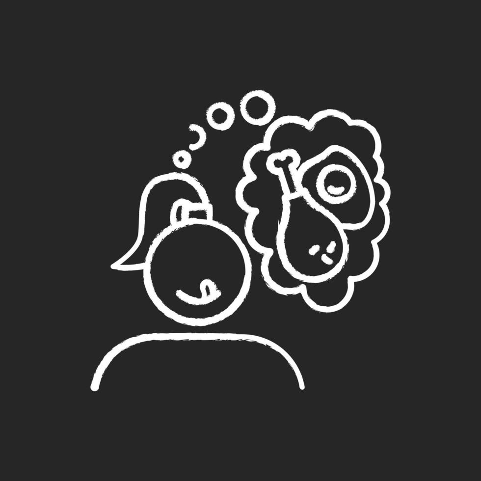 Fried food craving chalk icon. Woman thinking of fry egg and chicken thighs. Unhealthy eating habit. Girl hungry for fast food. Appetite for snack. Isolated vector chalkboard illustration