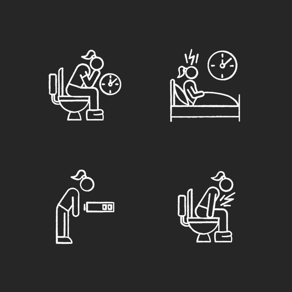Predmenstrual syndrome chalk icons set. Menstruation symptoms. Constipation and stomach ache. Insomnia and sleep deprivation. Fatigue. Diarrhea, sickness. Isolated vector chalkboard illustrations