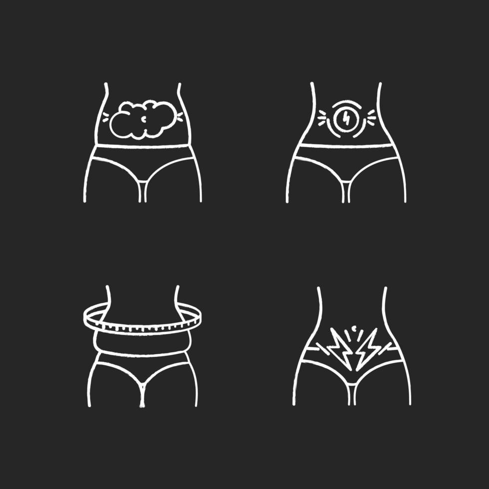 Abdominal pain chalk icons set. Bloating and flatulence. Female waist weight gain. Stomach ache. Predmenstrual syndrome. Period symptom. Illness and sickness. Isolated vector chalkboard illustrations