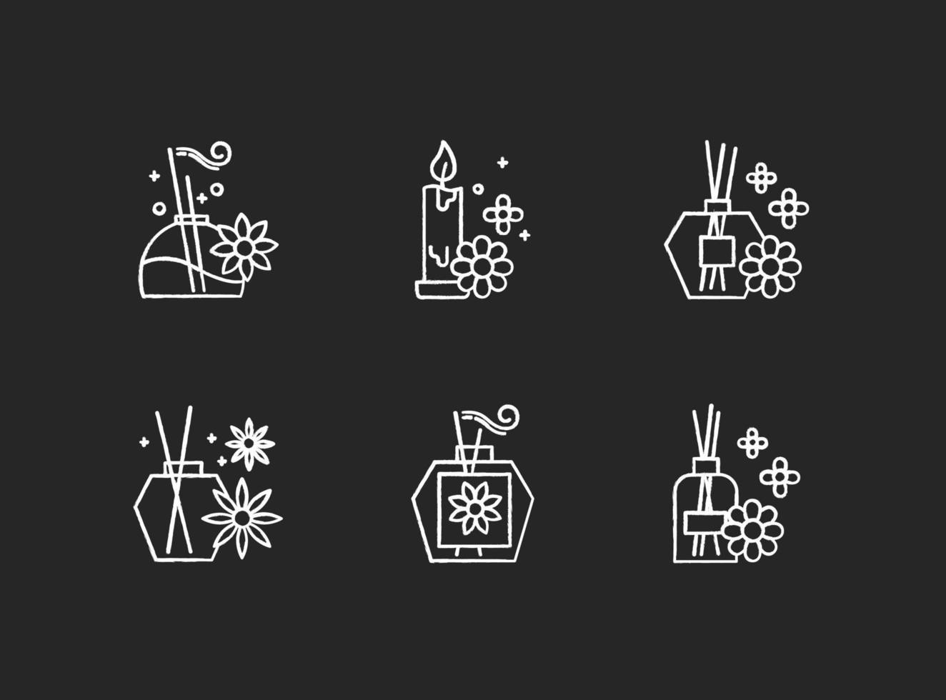 Aromatherapy chalk icons set. Floral scented sticks. Aromatic candles. Blossom air freshener. Cosmetology, spa therapy. Relaxation. Female selfcare. Isolated vector chalkboard illustrations