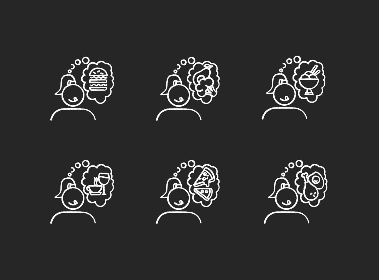 Food craving chalk icons set. Woman thinking of unhealthy snack. Delicious treat. Thoughts of fast food. Burger and pizza. Ice cream. Appetite and hunger. Isolated vector chalkboard illustrations