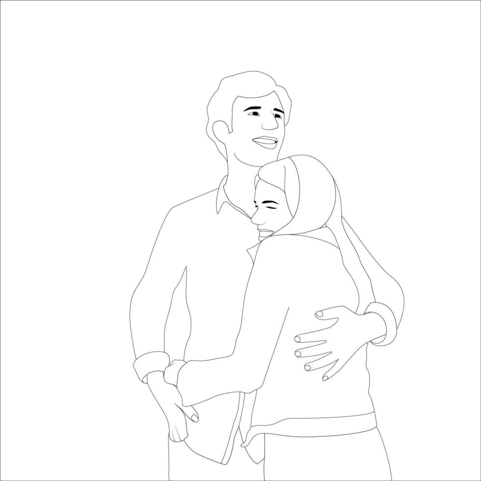 hermoso abrazo de pareja, ilustración de contorno de personaje de pareja sobre fondo blanco, ilustración vectorial para proyectos de San Valentín. vector
