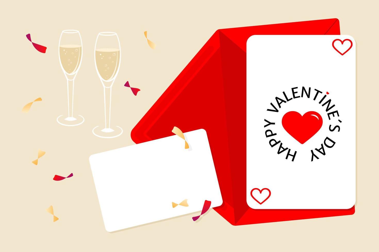 Festive Valentines day card composition with envelope, blank card and two glasses of chapagne vector