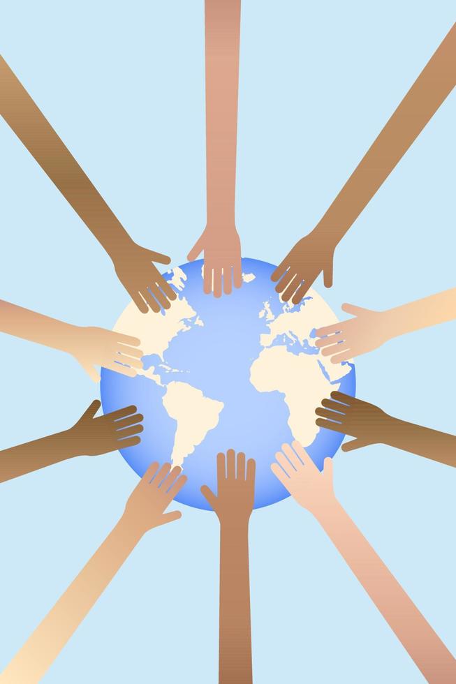 Hands around the globe  Earth day, People of the world concept. Vector illustration
