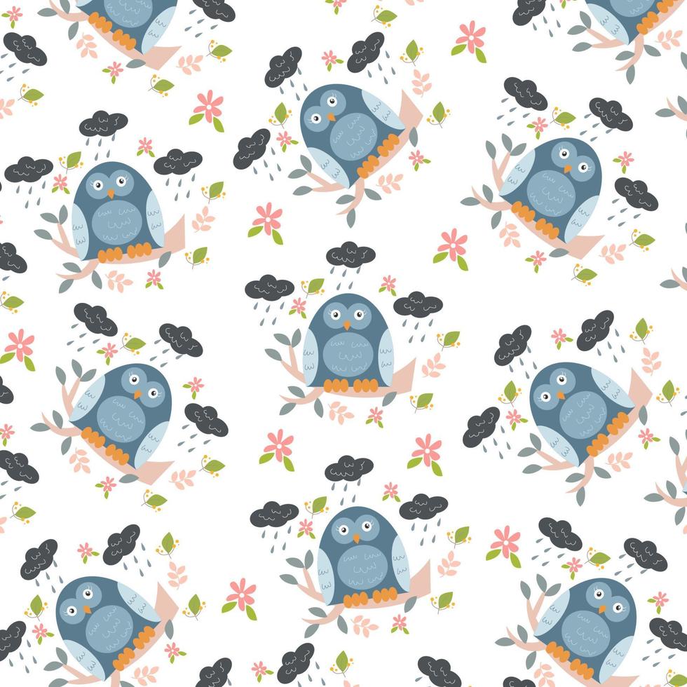 Pattern with blue owls and flowers in cartoon style vector