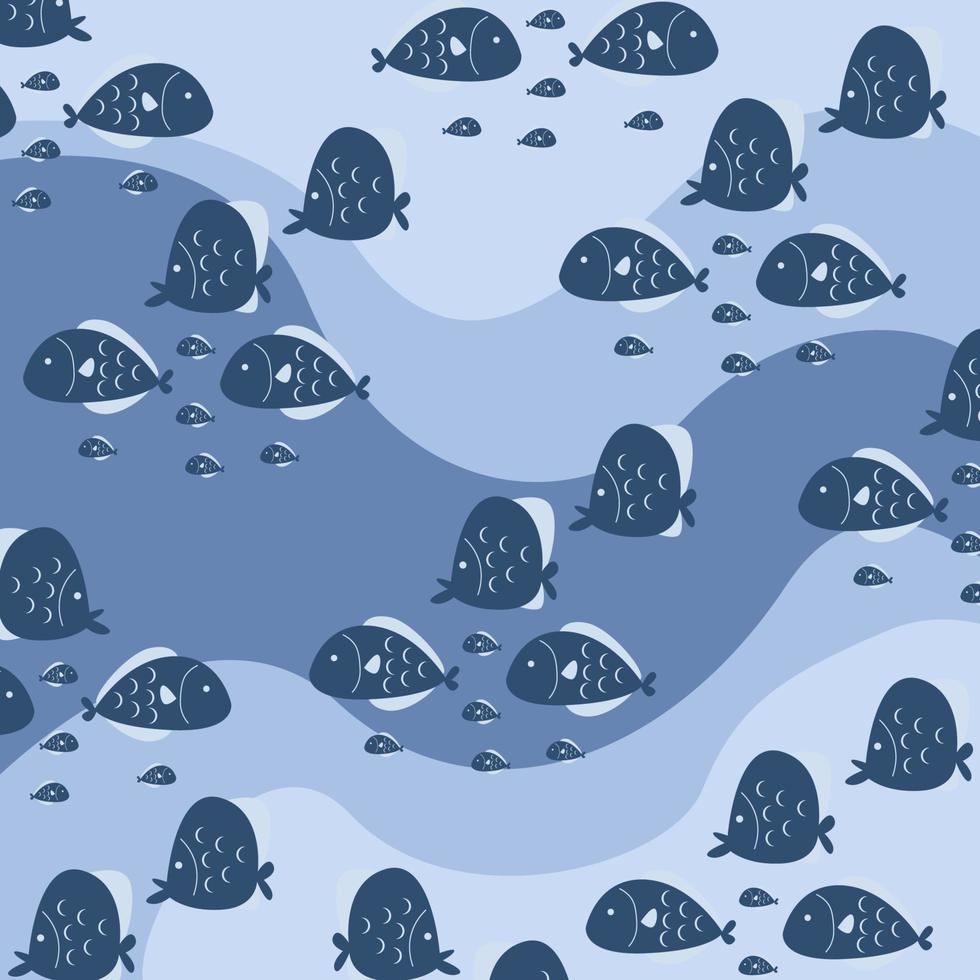 Pattern with cartoon exotic fish on blue wave line background. vector