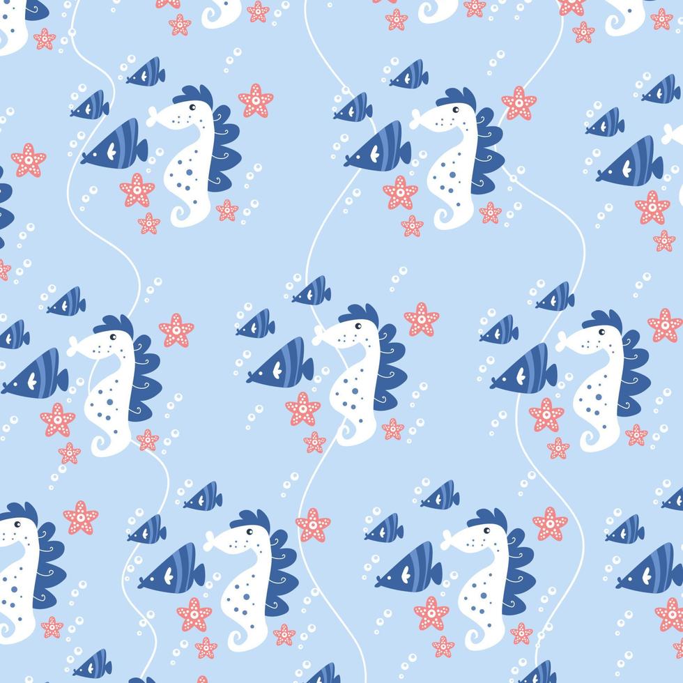 Pattern with Seahorse in cartoon style vector