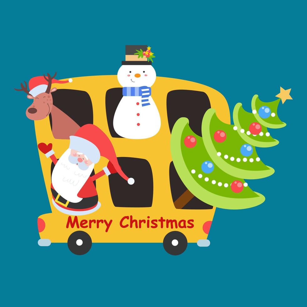 vector santa claus with friends on the bus in cartoon style illustration