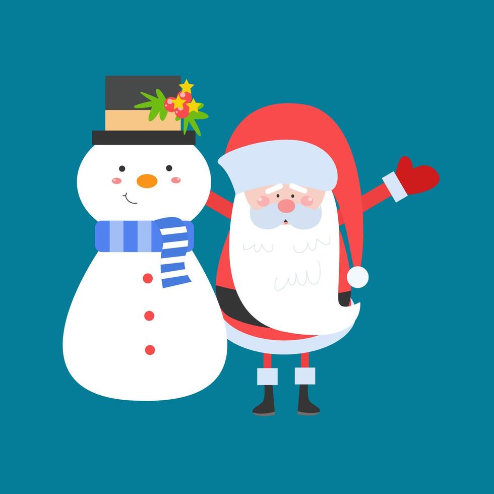 Vector cartoon illustration of cute Santa Claus and snowman character