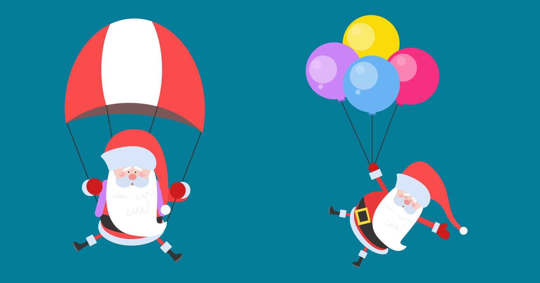 ilustración vectorial de caricatura santa colgando de un paracaídas y globos vector