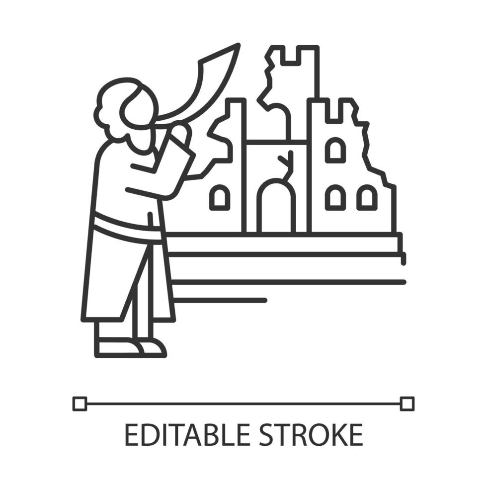 The fall of Jericho Bible story linear icon. Castle ruin in Jerusalem city. Biblical narrative. Thin line illustration. Contour symbol. Vector isolated outline drawing. Editable stroke