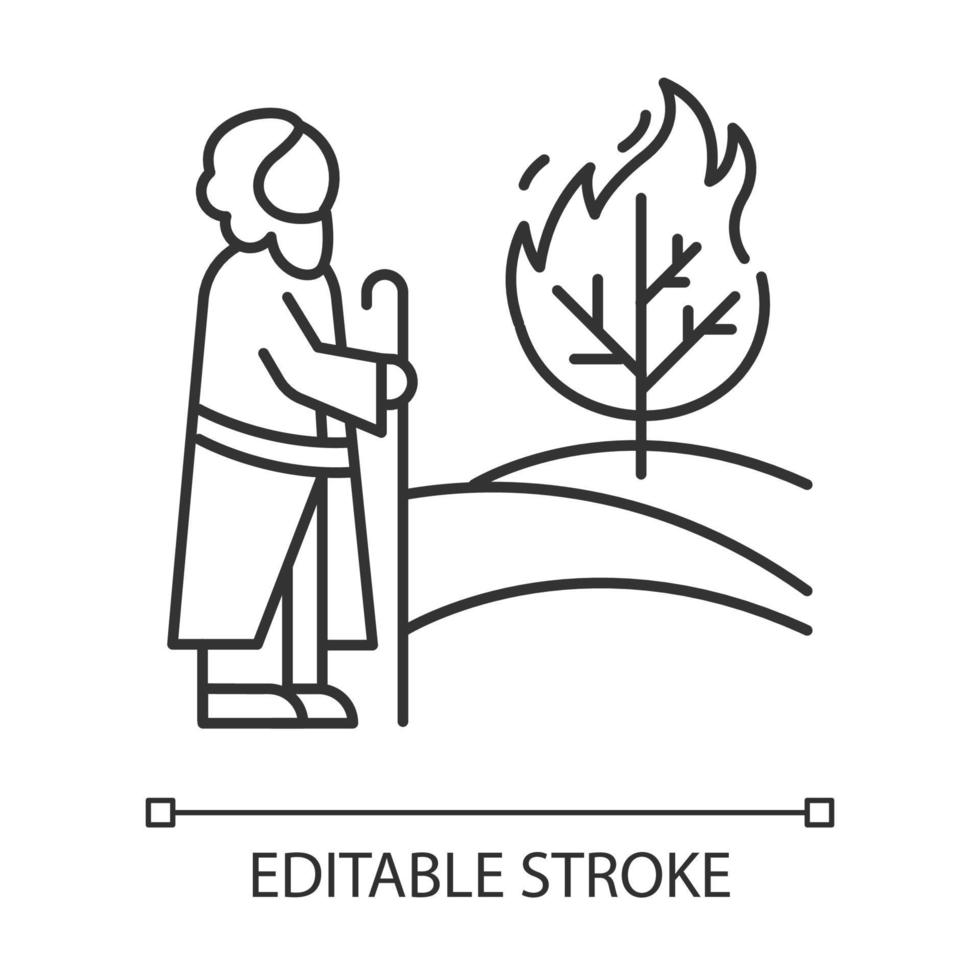 Moses and the burning bush Bible story linear icon. Prophet and tree in flame. Biblical narrative. Thin line illustration. Contour symbol. Vector isolated outline drawing. Editable stroke