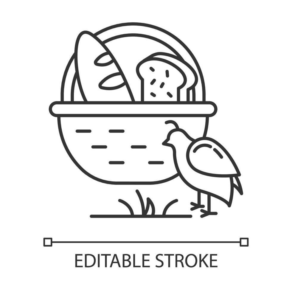 Manna and quail Bible story linear icon. Bread loaves in basket and fowl. Biblical narrative. Thin line illustration. Contour symbol. Vector isolated outline drawing. Editable stroke