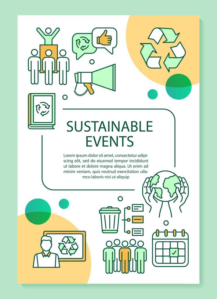 Sustainable event poster template layout. Banner, booklet, leaflet print design with linear icons. Vector brochure page layouts for magazines, advertising flyers