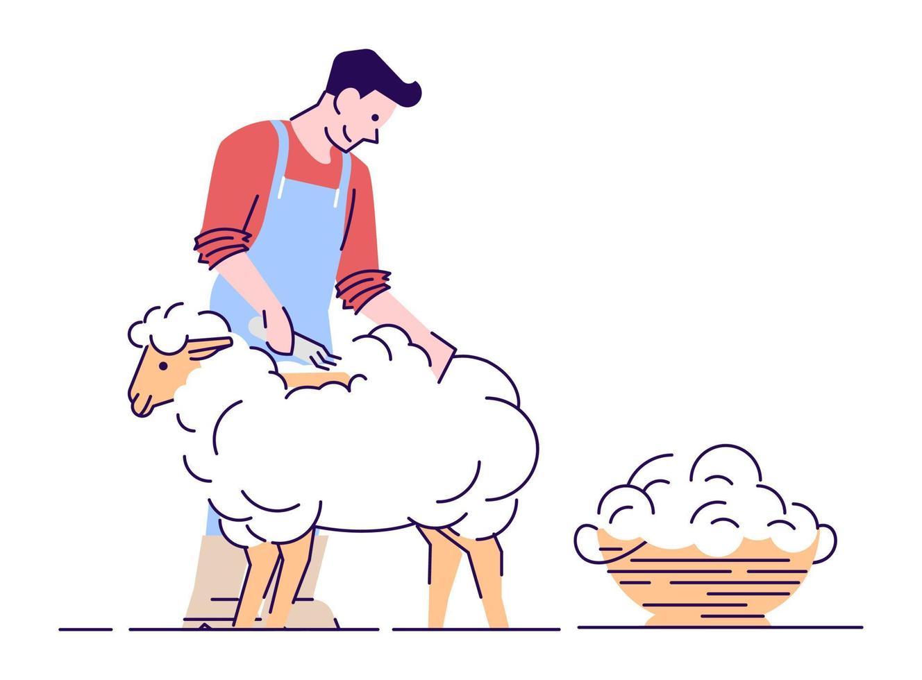 Farmer shearing sheep flat vector character. Wool production. Livestock farming, animal husbandry concept with outline. Male shearer cutting merino wool cartoon illustration isolated on white