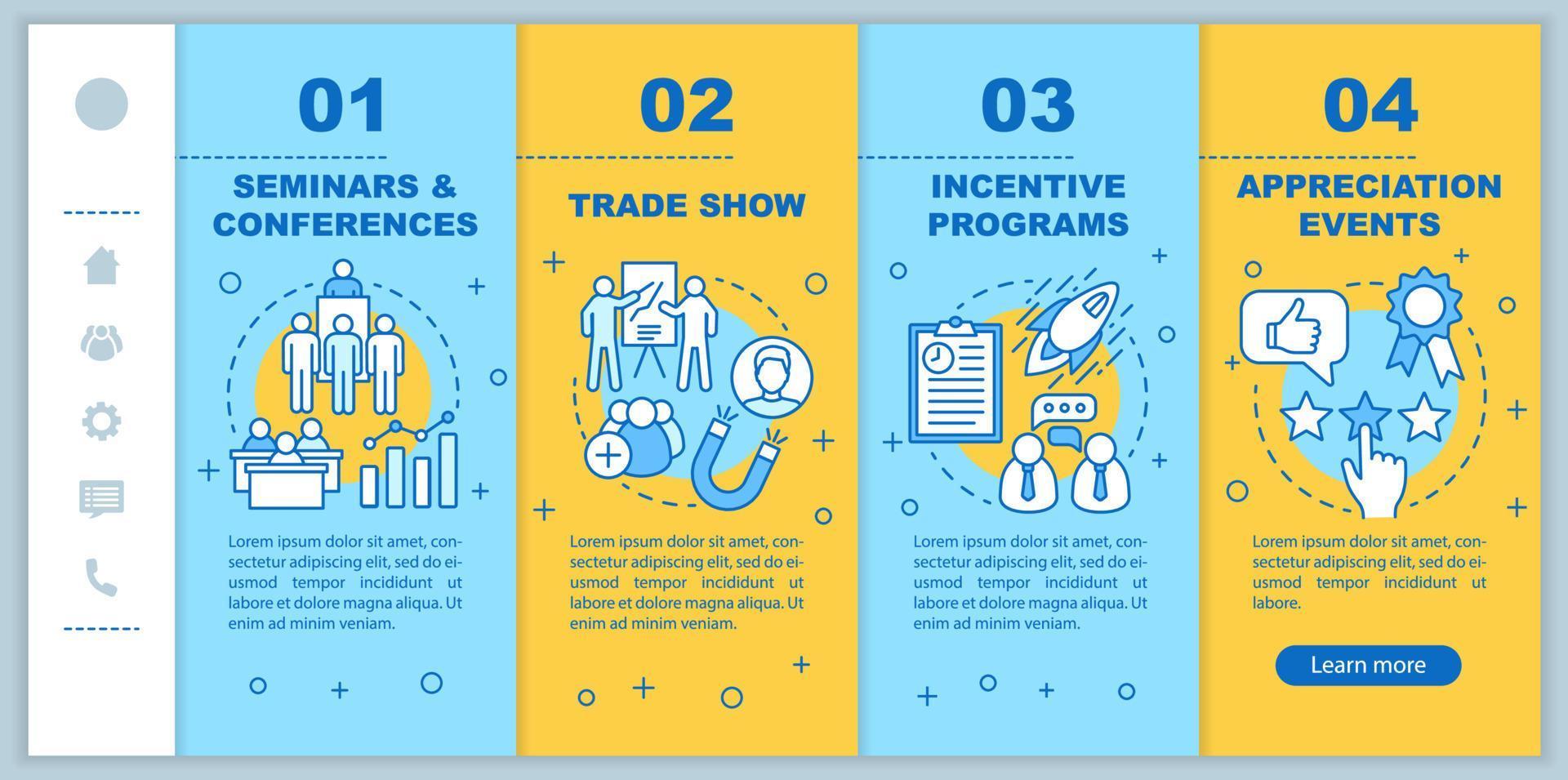 gestión de eventos corporativos incorporando plantilla vectorial de páginas web móviles. idea de interfaz de sitio web de teléfono inteligente sensible con ilustraciones lineales. programas de incentivos, eventos de apreciación vector