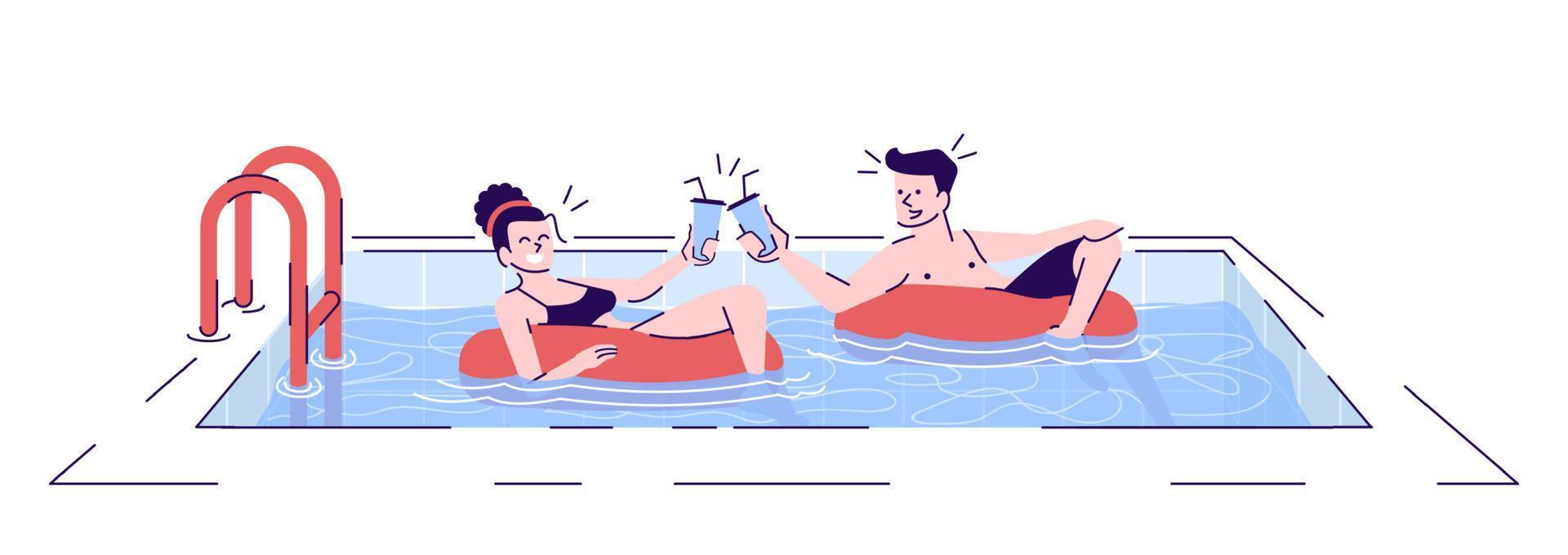 Couple in swimming pool flat vector illustration. Romantic date in water. Boyfriend, girlfriend drinking cocktail in safety rings isolated cartoon characters with outline elements on white background