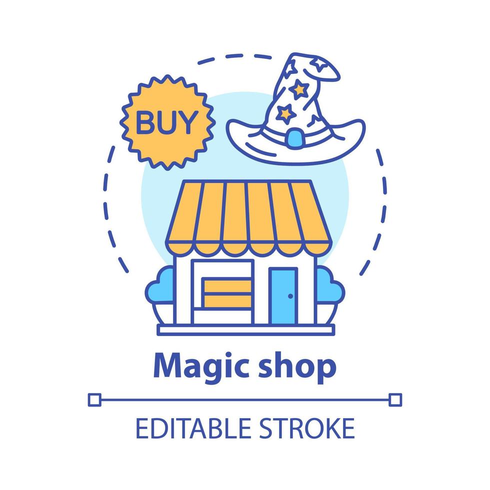 Magic shop concept icon. Witchcraft accessories sale idea thin line illustration. Mystic souvenirs retail service. Wizard hat and store building vector isolated outline drawing. Editable stroke