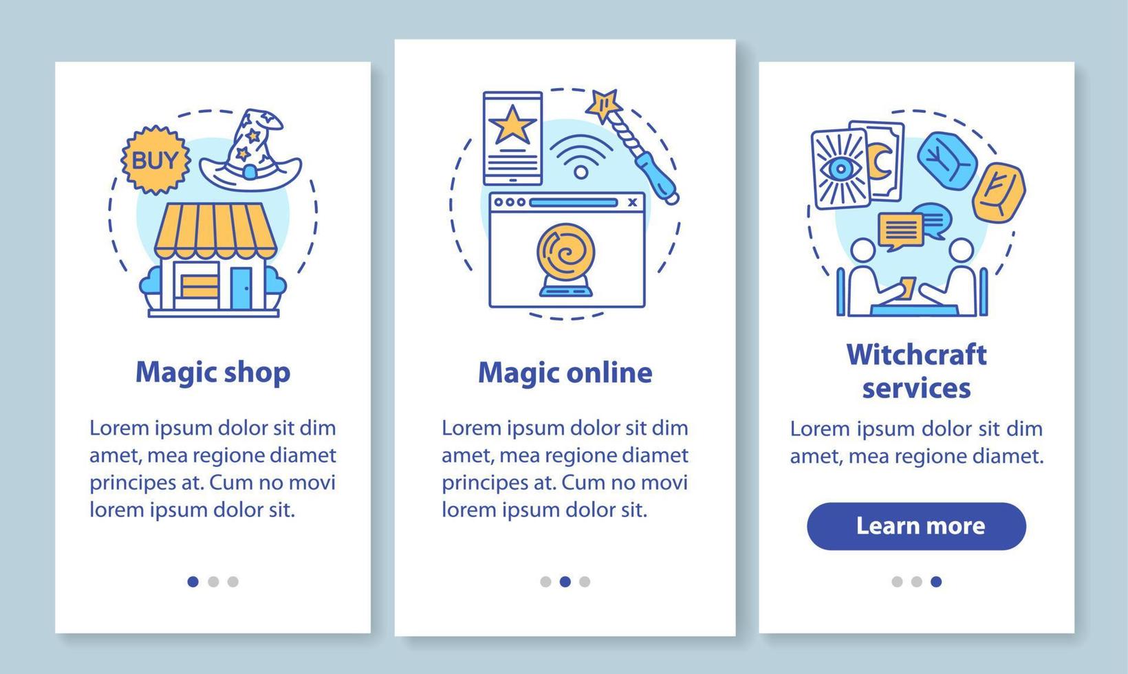 Modern magic onboarding mobile app page screen with linear concepts. Witchcraft online services walkthrough steps graphic instructions. Fortune telling UX, UI, GUI vector template with illustrations