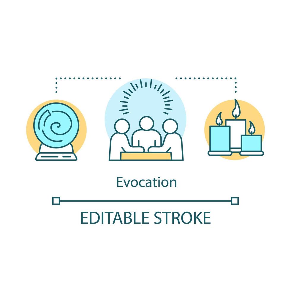 Evocation concept icon. Spiritualistic session, divination service. Occultism and superstition idea thin line illustration. Crystal ball and candles vector isolated outline drawing. Editable stroke