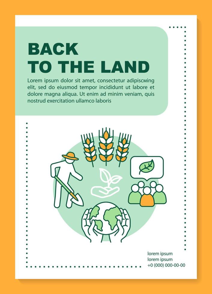 Back to the land poster template layout. Eco farm. Nature lover. Environment protection. Banner, leaflet print design with linear icons. Vector brochure page layouts for magazines, advertising flyers