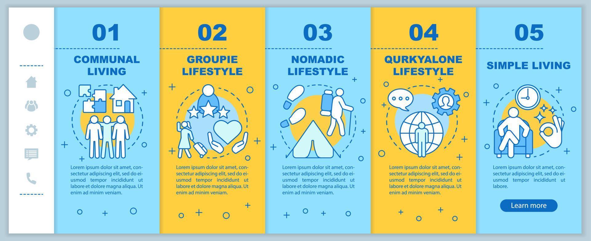 Lifestyle types onboarding mobile web pages vector template. Communal, groupie. Responsive smartphone website interface idea with linear illustrations. Webpage walkthrough step screens. Color concept