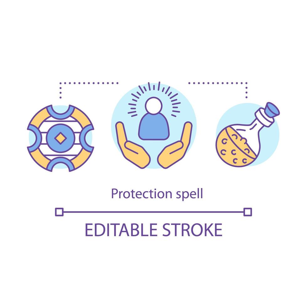 Protection spell concept icon. Occultism and superstition idea thin line illustration. Safety sorcery, security charm. Magic amulet and potion vector isolated outline drawing. Editable stroke