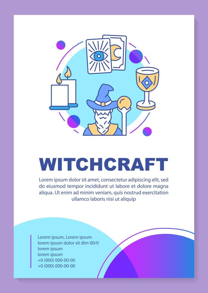 diseño de plantilla de póster de brujería. mago y cartas del tarot. banner, folleto, diseño de impresión de folleto con iconos lineales. adivinación. diseños de página de folletos vectoriales para revistas, folletos publicitarios vector