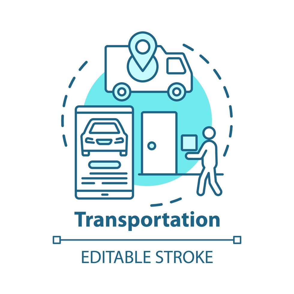 Transportation business concept icon. Home delivery idea thin line illustration. Customer service industry. Van, smartphone and courier with package vector isolated outline drawing. Editable stroke