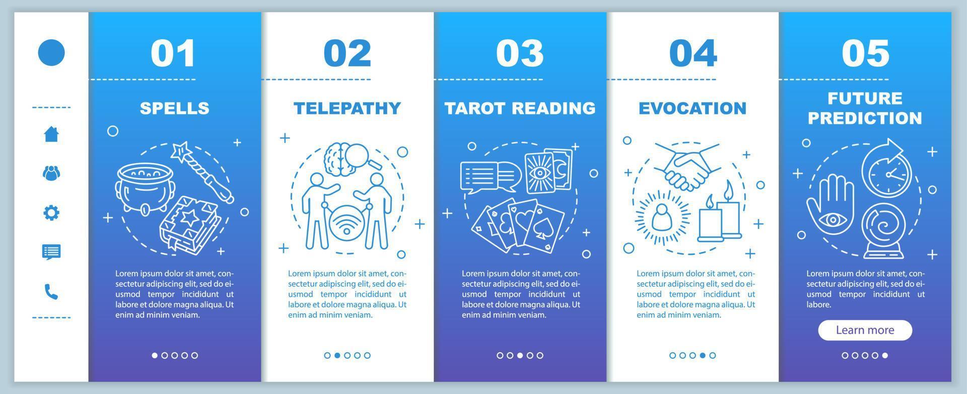 Magic services onboarding mobile web pages vector template. Future prediction responsive smartphone website interface idea with linear illustrations. Webpage walkthrough step screens. Color concept