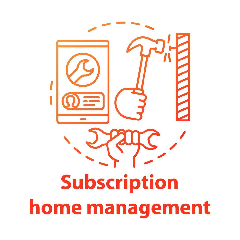 Subscription home management business concept icon. Online construction tools shop idea thin line illustration. Repairman call service. Smartphone, wrench and hammer vector isolated outline drawing