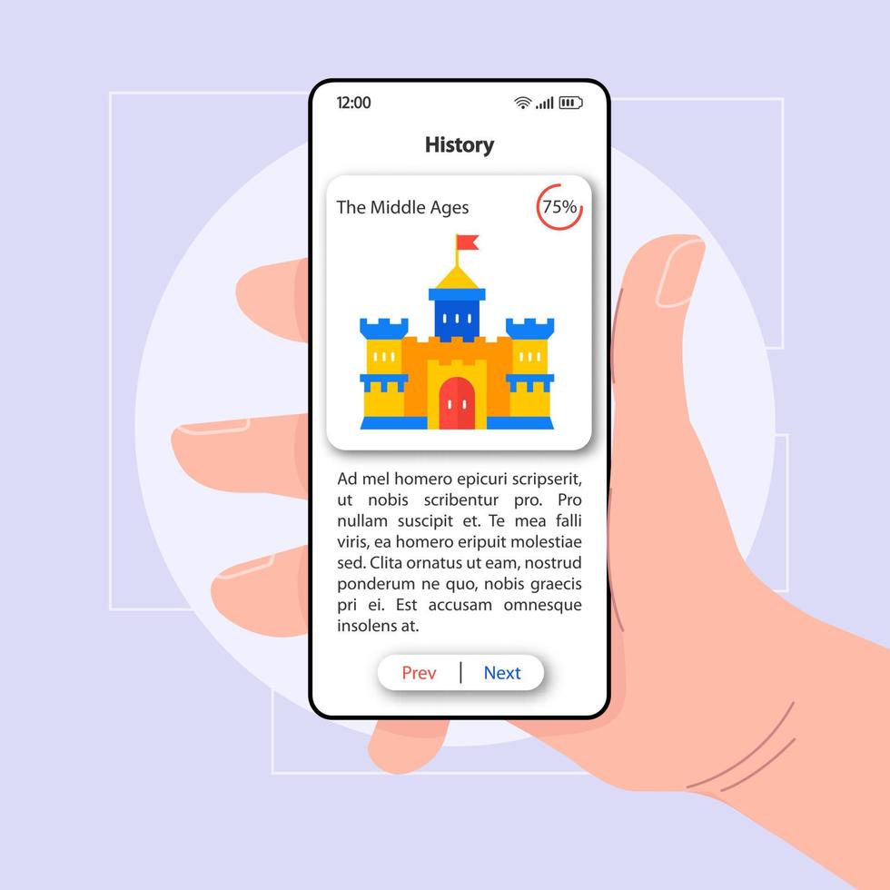 History knowledge smartphone interface vector template. Mobile app page white design layout. Historical facts screen. Flat UI for application. Hand holding phone with school subject on display