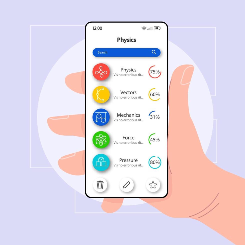 Physics categories smartphone interface vector template. Mobile app page white design layout. Learning mechanics screen. Flat UI for application. Hand holding phone with physical knowledge on display