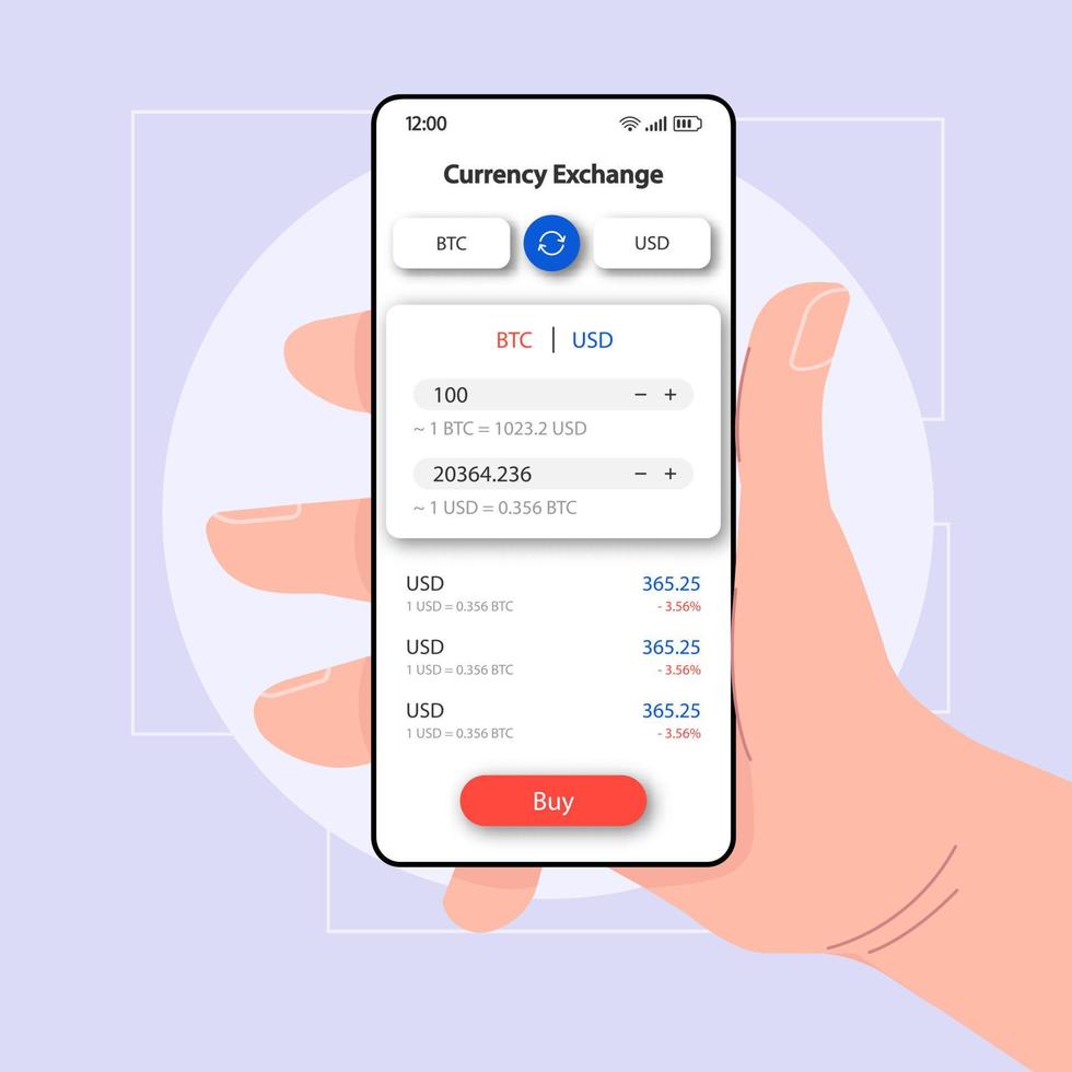 Currency manager online smartphone interface vector template. Mobile app page white design layout. BTC exchange screen. Flat UI for application. Hand holding phone with cryptocurrency on display