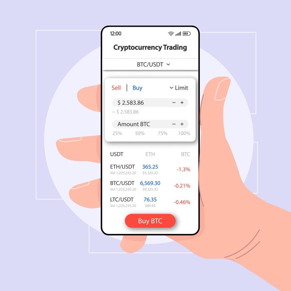 Cryptocurrency balance smartphone interface vector template. Mobile app page white design layout. Bitcoin account screen. Flat UI for application. Hand holding phone with BTC to USDT rate on display