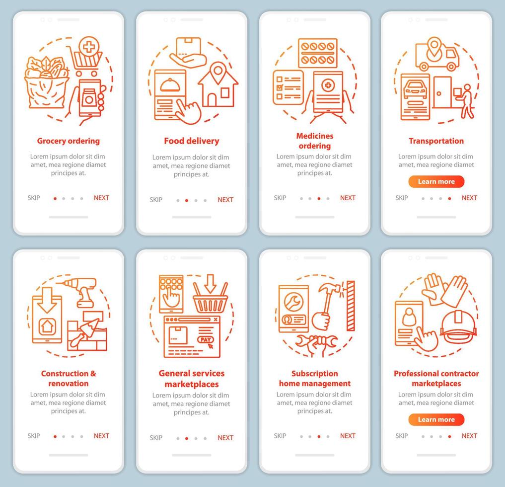 conjunto de plantillas de vector de pantalla de página de aplicación móvil de incorporación de oferta y demanda. Pasos del sitio web del tutorial de la industria de servicios comerciales con ilustraciones lineales. conceptos de interfaz de teléfono inteligente ux, ui, gui