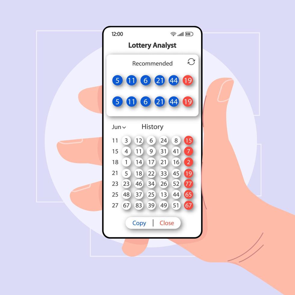 Lottery numbers tips smartphone interface vector template. Mobile app page white design layout. Victory analytics screen. Flat UI for application. Hand holds phone with winning combination on display