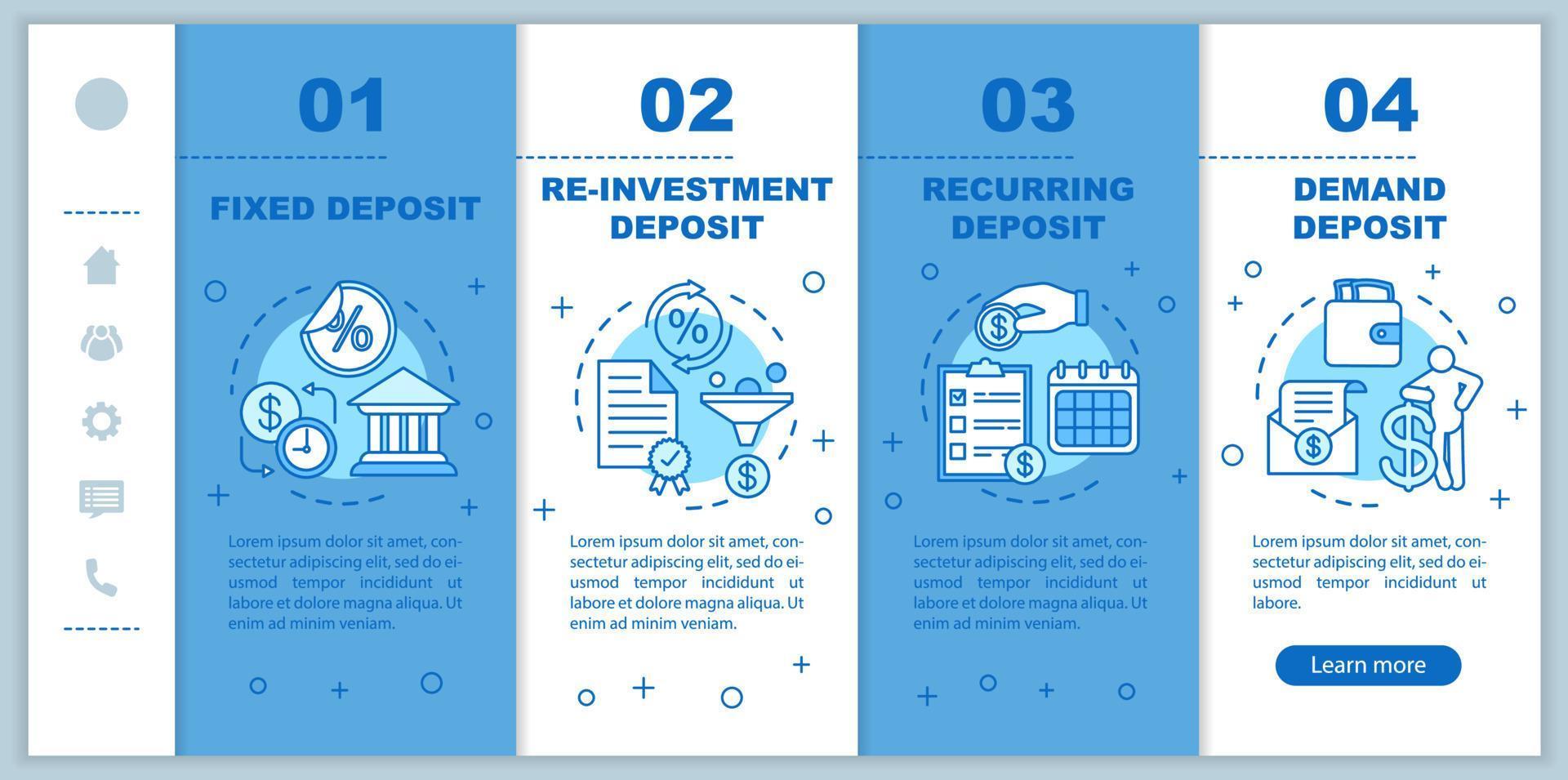 Deposit onboarding mobile web pages vector template. Banking service. Responsive smartphone website interface idea with linear illustrations. Webpage walkthrough step screens. Color concept