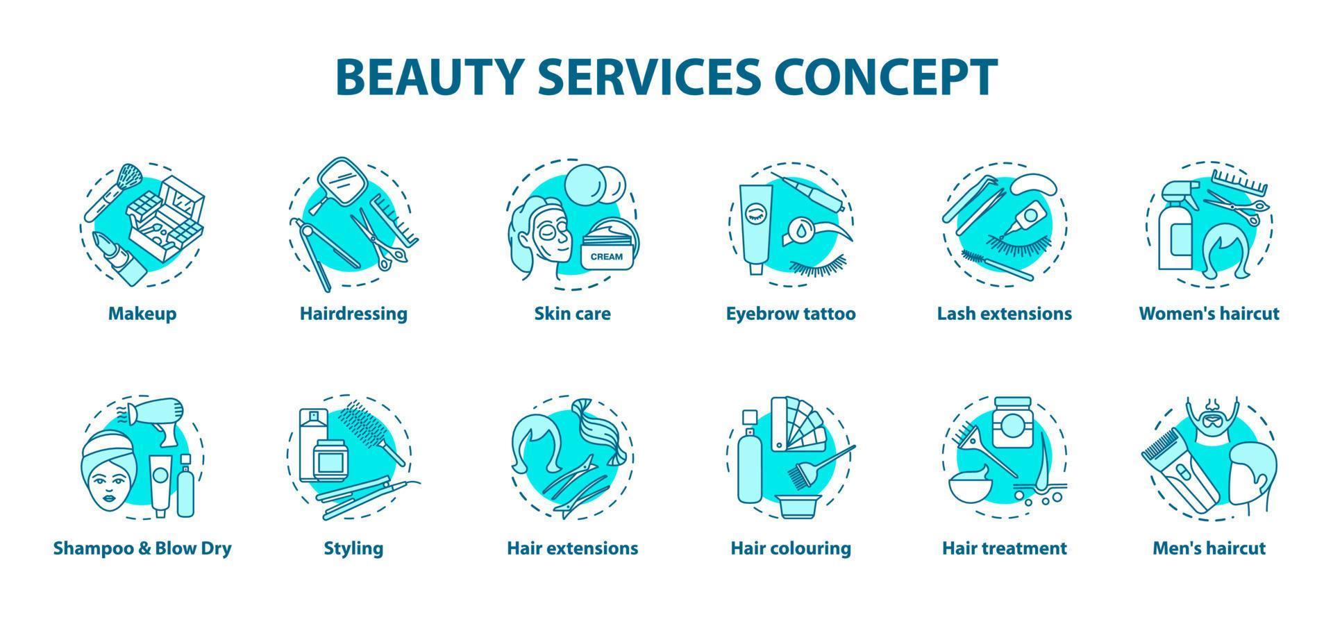 Beauty services blue concept icons set. Beauty salon, SPA face skin care procedures idea thin line illustrations. Hairdressing and makeup. Vector isolated outline drawings. Editable stroke