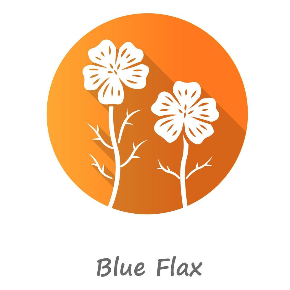 icono de glifo de sombra larga de diseño plano naranja de planta de lino azul. flor silvestre de lino con inscripción de nombre. flor de primavera. floreciente inflorescencia de flores silvestres de linum. ilustración de silueta vectorial vector