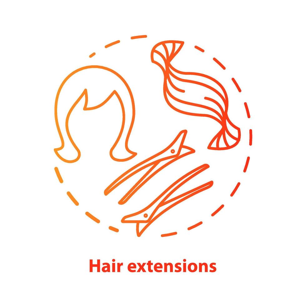 Hair extensions blue concept icon. Clip in hair tapes, wig and accessories idea thin line illustration. Hairdresser, hairstylist parlor. Red gradient vector isolated outline drawing. Editable stroke