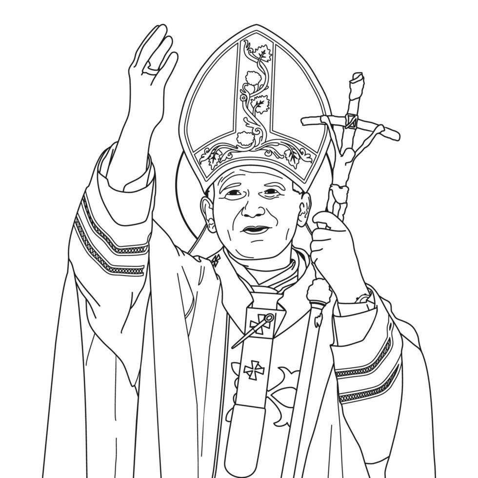 Saint John Paul II Pope Vector Illustration Monochrome Outline