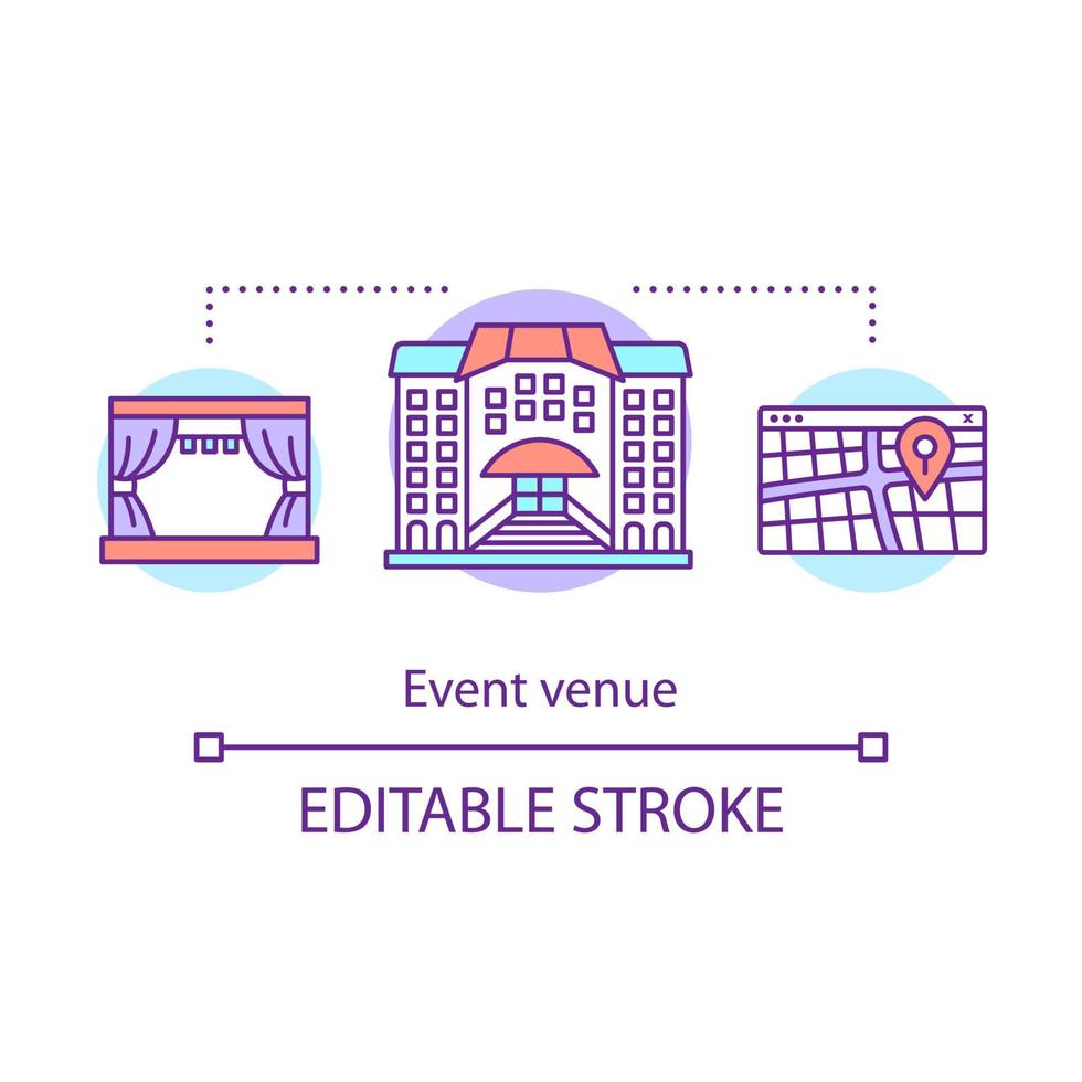Event venue concept icon. Organization idea thin line illustration. Lease of premises. Event management. Meeting location. Vector isolated outline drawing. Editable stroke