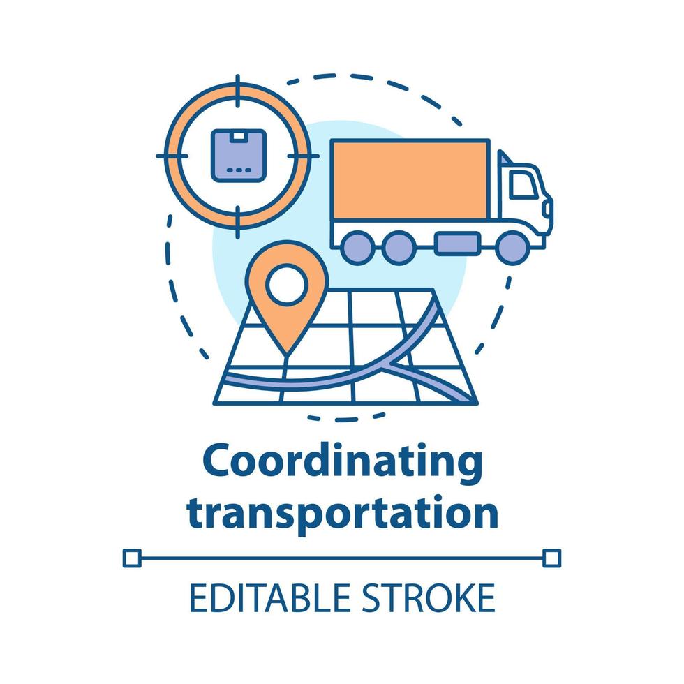 icono del concepto de coordinación de transporte. ilustración de línea delgada de idea de logística y distribución. carga, envío de carga. industria de entrega de paquetería. dibujo de contorno aislado vectorial. trazo editable vector