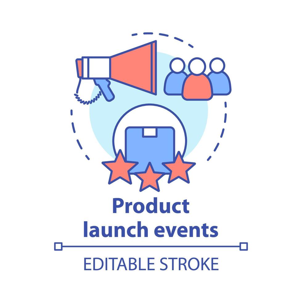 Product launch events concept icon. New product presentation and release thin line illustration. Marketing, advertising. Customer attraction. Promo campaign. Vector isolated drawing. Editable stroke