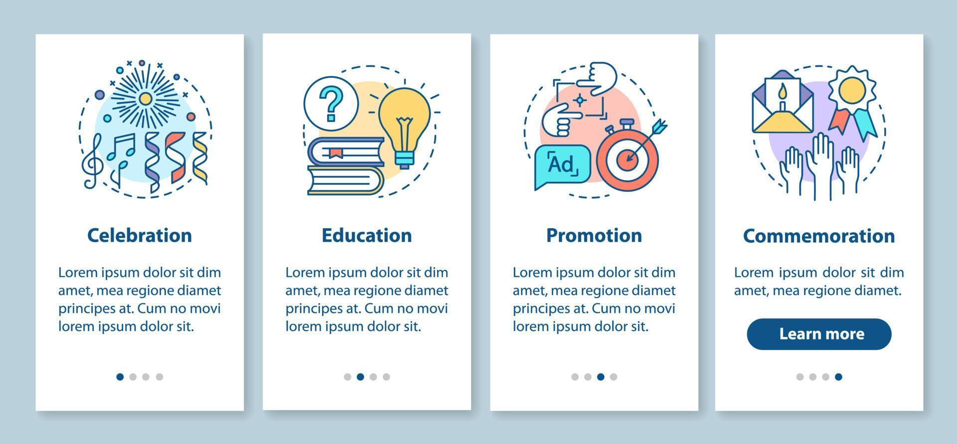 Event purposes onboarding mobile app page screen with linear concepts. Celebration, education, promotion, commemoration walkthrough graphic instructions. UX, UI, GUI vector template with illustrations