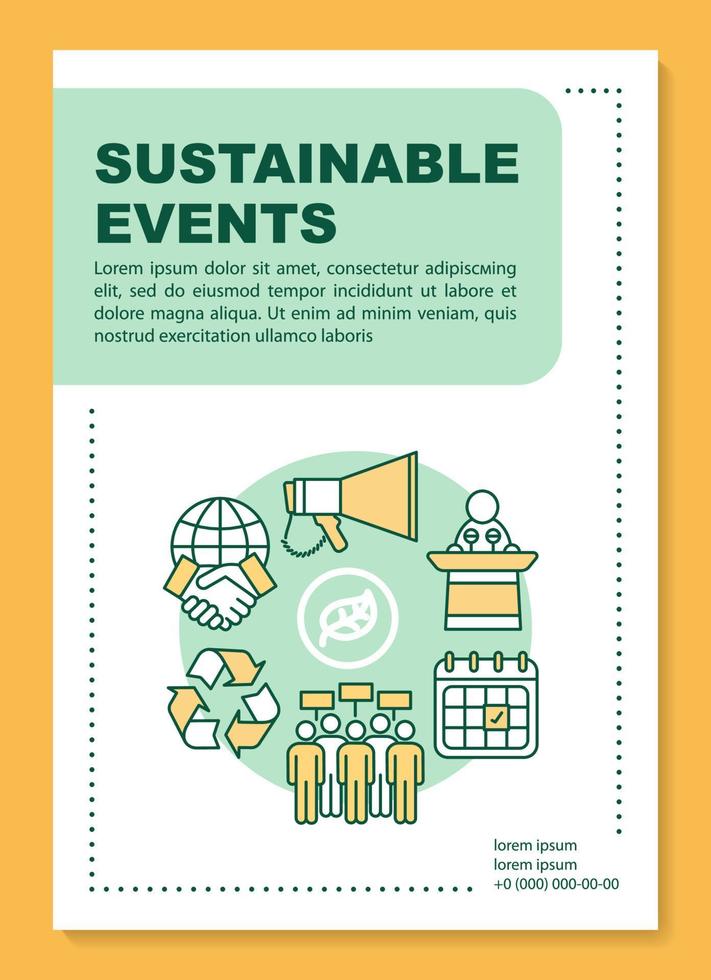 diseño de plantilla de póster de evento sostenible. reunión ecológica. banner, folleto, diseño de impresión de folleto con iconos lineales. movimiento de protección del medio ambiente. diseños de página de folleto vectorial para folletos publicitarios vector