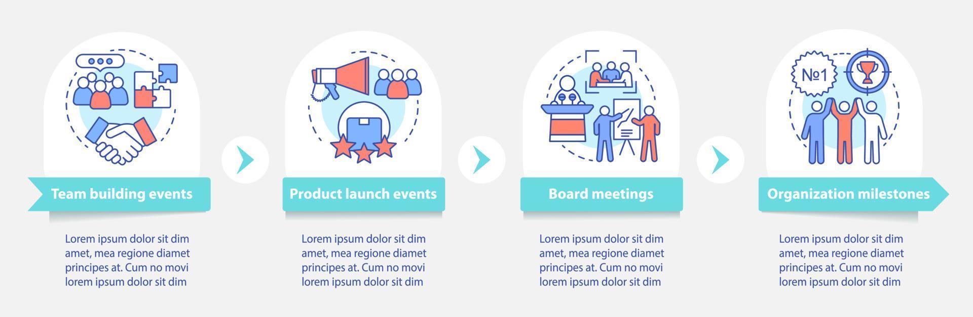 Corporate event management services vector infographic template. Team building, product launch events. Data visualization with four steps. Process timeline chart. Workflow layout with linear icons