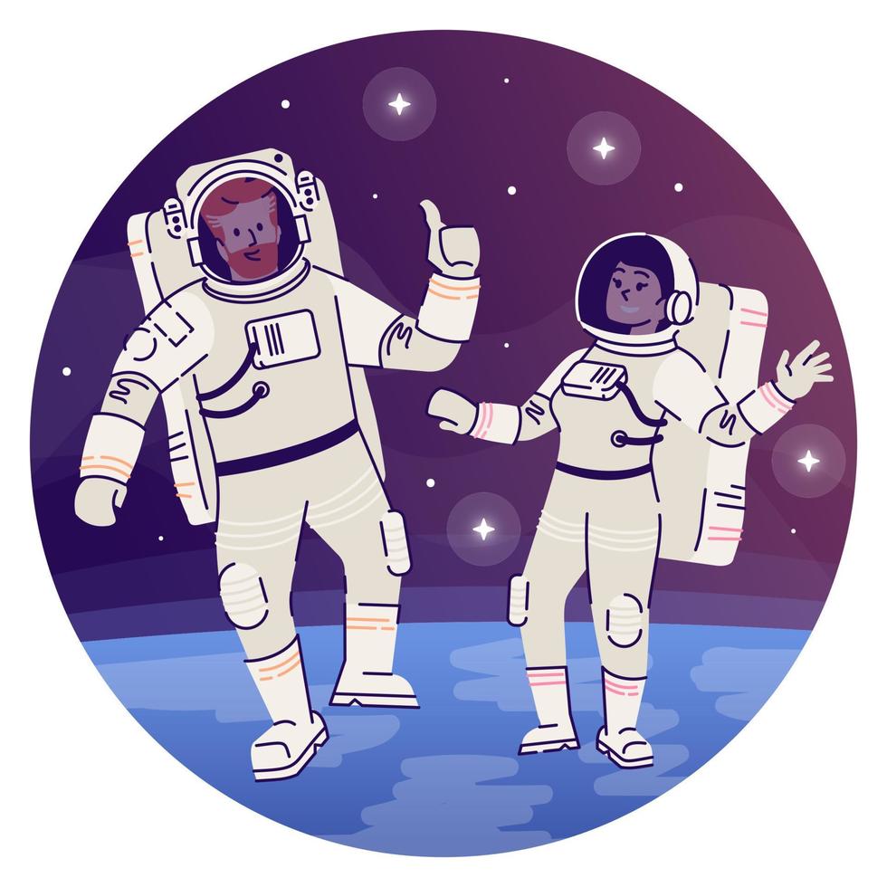 astronautas en el icono de concepto plano del espacio ultraterrestre. cosmonauta en traje espacial flotando en cosmos sticker, clipart. viajeros interestelares, ilustración de dibujos animados aislados de exploración espacial sobre fondo blanco vector